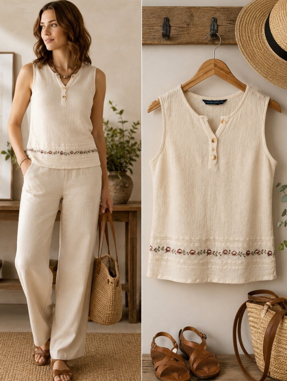 Coupe Classic Ivory Crinkle Cotton Linen Sleeveless Tank Top Embroidered M